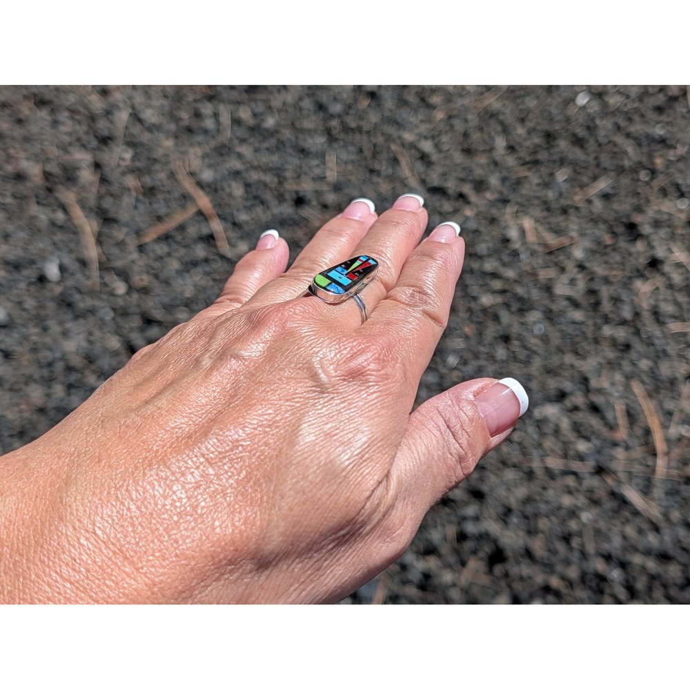 Handmade Zuni Inlay Ring by Gilbert Smith Adjustable Sterling Silver Night Day - Picture 5 of 9